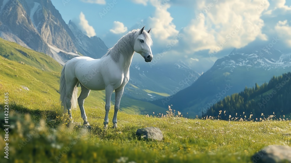 Naklejka premium Majestic white horse gracefully standing in a lush green meadow surrounded by stunning mountain landscapes under a clear blue sky