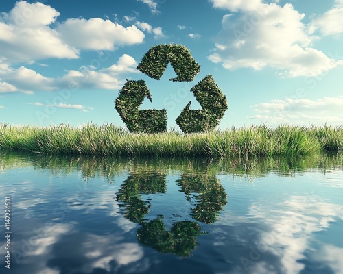 Recycling logo hovering above a calm body of water, with soft clouds above and green grass at the foreground, symbolizing ecoconsciousness photo