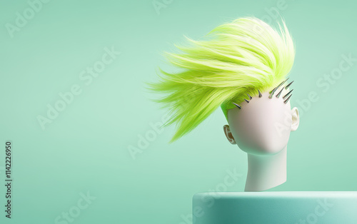 funky neon green wig styled with spikes on mannequin head, set against mint green background, creating vibrant and edgy look photo