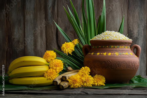 Photo of traditional Pongal still life for January 14, elegant composition of a decorated clay pot filled with rice, sugarcane stalks, fresh yellow marigold flowers  photo