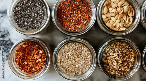 Chia seeds, a nutritional powerhouse, are conveniently stored in a container for easy access and preservation. These tiny seeds pack a punch with essential nutrients like fiber, protein, photo