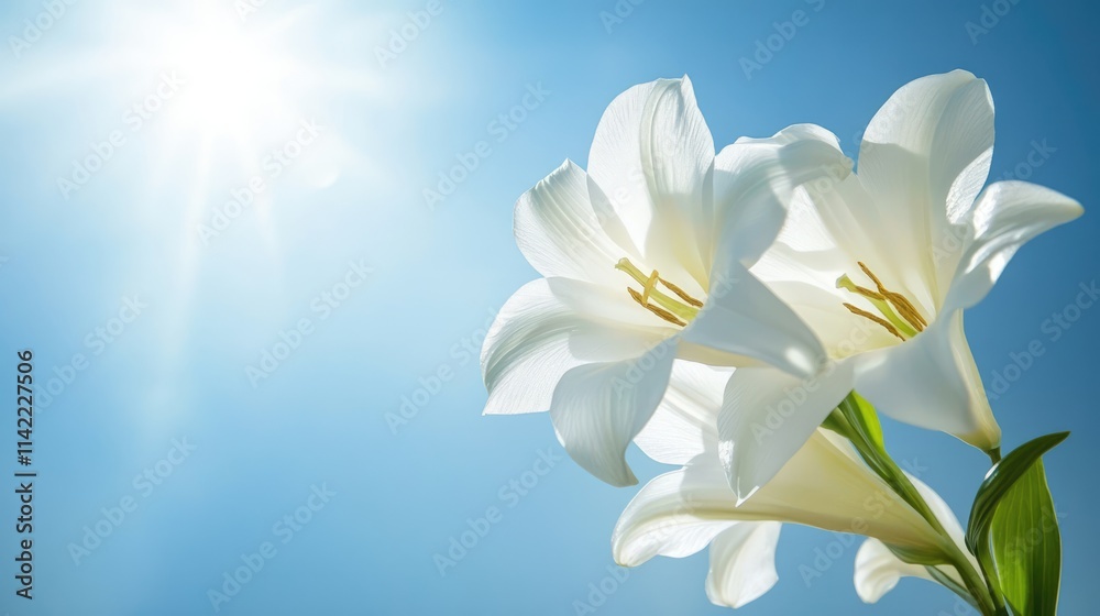 Obraz premium White lilies basking in sunlight against a clear blue sky symbolizing purity and serenity in a floral composition.