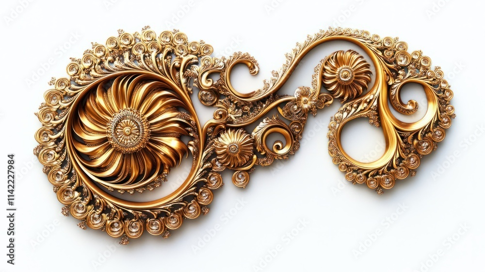 Intricate golden floral ornament with swirling patterns, isolated on a clean white background, ideal for elegant designs Intricate golden floral ornament with swirling patterns, isolated on a clean white background, ideal for elegant designs