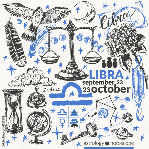 Hand drawn libra zodiac sign illustration, horoscope background with astrology symbols and talismans.