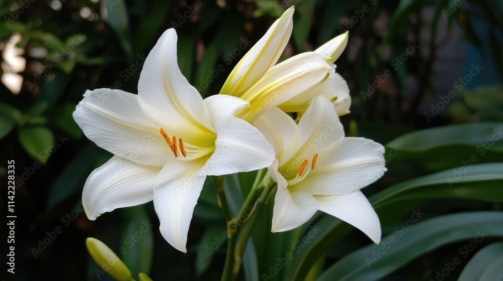Elegant White Lily Blossoms Surrounded by Lush Green Foliage in a Tranquil Garden Setting Elegant White Lily Blossoms Surrounded by Lush Green Foliage in a Tranquil Garden Setting