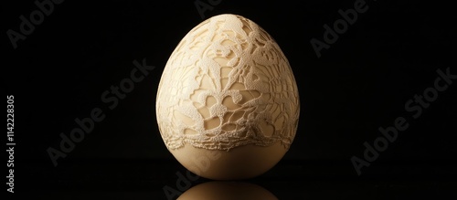 Beige egg with intricate lace texture on a deep black background elegant still life photography showcasing delicate contrasts and forms