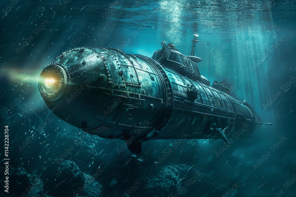 Fototapeta premium Beautiful large bathyscaphe floating in middle of ocean during exploration