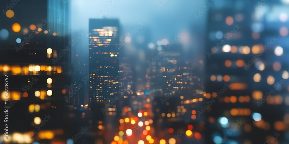 Cityscape with blurred traffic lights and skyscrapers, spacious blank space, business district vibe, nighttime
