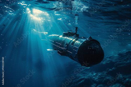 Beautiful large bathyscaphe floating in middle of ocean during exploration photo