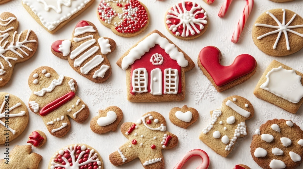 A cheerful assortment of holiday cookies with sugar details, including shapes like gingerbread houses, mittens, and candy canes, on white