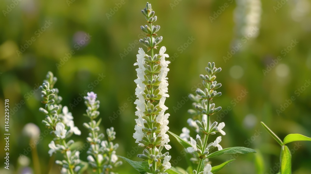 White Lavender Blossoms in Lush Green Meadow Close Up with Selective Focus on Floral Details and Background Bokeh Effects White Lavender Blossoms in Lush Green Meadow Close Up with Selective Focus on Floral Details and Background Bokeh Effects