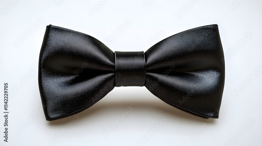 An elegant black silk bow tie lies against a pure white background, showcasing luxury fashion through perfect symmetry and detailed fabric texture in a minimalist composition. An elegant black silk bow tie lies against a pure white background, showcasing luxury fashion through perfect symmetry and detailed fabric texture in a minimalist composition.