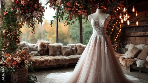 An elegant lace wedding dress is displayed on a mannequin amidst a romantic bohemian setting, with vintage decor and warm lighting, evoking timeless elegance. photo