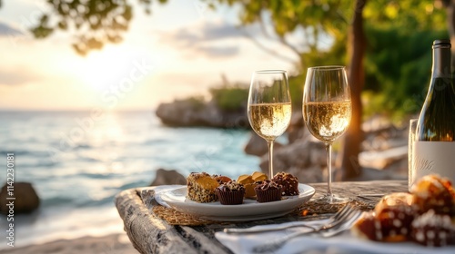 An enchanting ocean-side dinner setting featuring wine and an array of sweets, capturing romance and tranquility with a hint of exclusivity by the sea. photo