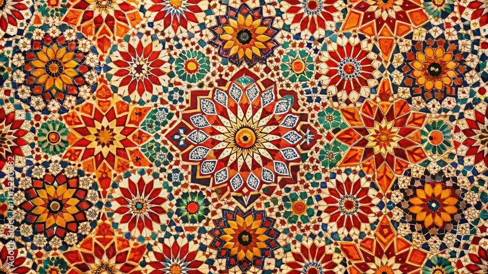 Red-orange Moroccan tiles form a geometric, seamless Islamic pattern; an abstract aerial texture ideal for backgrounds. Red-orange Moroccan tiles form a geometric, seamless Islamic pattern; an abstract aerial texture ideal for backgrounds.
