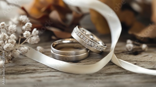 Elegant wedding rings adorned with delicate ribbon and floral accents on rustic wooden background