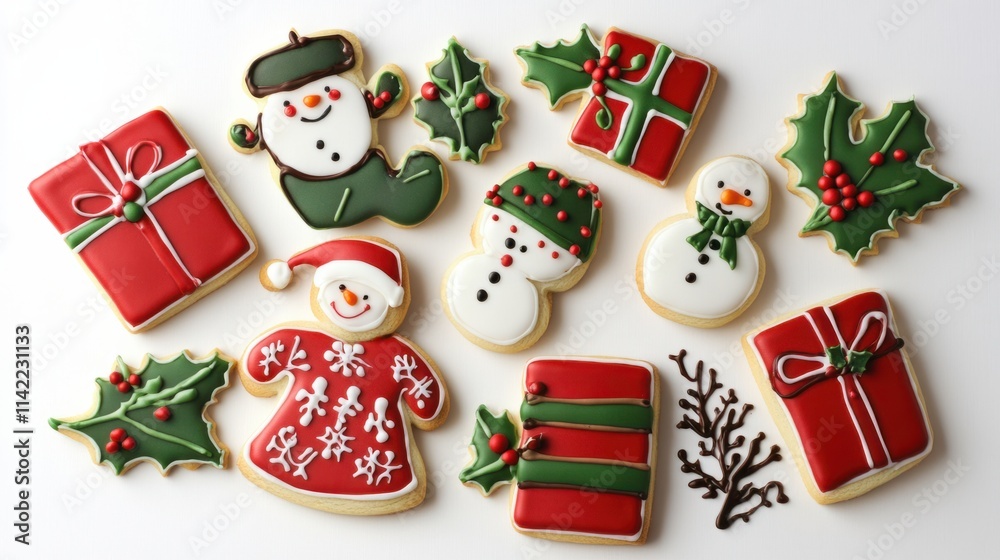 A collection of beautifully decorated Christmas cookies featuring holly leaves, snowmen, and presents with intricate designs, isolated on white A collection of beautifully decorated Christmas cookies featuring holly leaves, snowmen, and presents with intricate designs, isolated on white