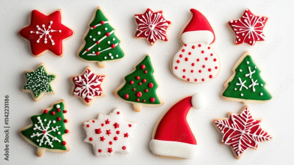 custom made wallpaper toronto digitalA collection of holiday cookies in tree, star, and Santa hat shapes, decorated with red, green, and white icing, on white