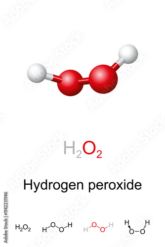 Hydrogen peroxide, H2O2, molecule model and chemical formula. Ball-and-stick model and geometric structure of peroxol, a pale blue liquid, used as an oxidizer, bleaching agent and antiseptic. Vector