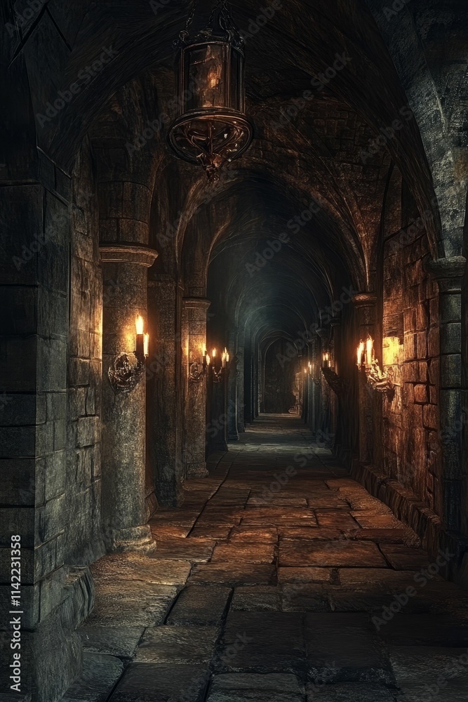 Dark stone corridor, arched ceiling, candlelight. Dark stone corridor, arched ceiling, candlelight.