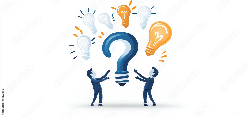 Two figures collaborating to exchange ideas, represented by large question mark and light bulbs, symbolizing teamwork and creativity in problem solving Two figures collaborating to exchange ideas, represented by large question mark and light bulbs, symbolizing teamwork and creativity in problem solving