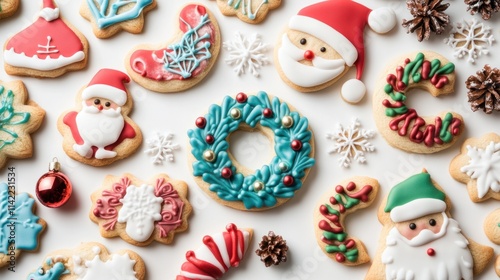 A colorful collection of holiday cookies shaped like Santa, wreaths, and snowflakes with detailed sugar designs, on white