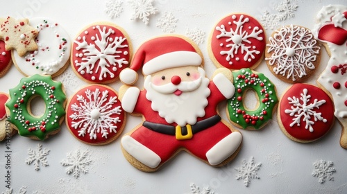 A colorful collection of holiday cookies shaped like Santa, wreaths, and snowflakes with detailed sugar designs, on white