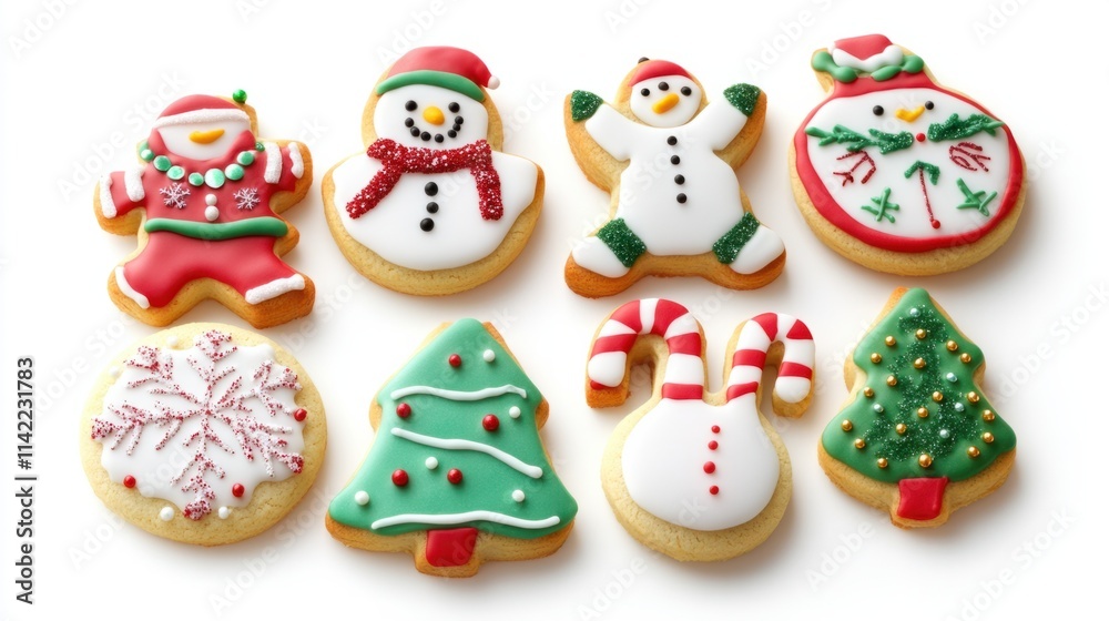 A colorful set of Christmas cookies with icing and candy sprinkles in shapes like snowmen, candy canes, and trees, isolated on white A colorful set of Christmas cookies with icing and candy sprinkles in shapes like snowmen, candy canes, and trees, isolated on white