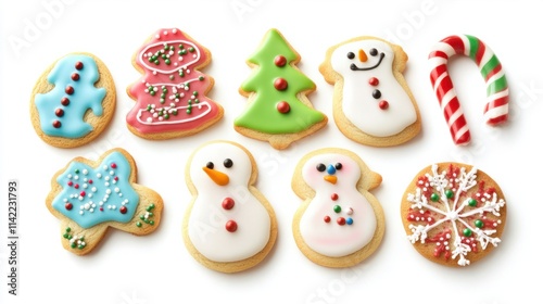 A colorful set of Christmas cookies with icing and candy sprinkles in shapes like snowmen, candy canes, and trees, isolated on white