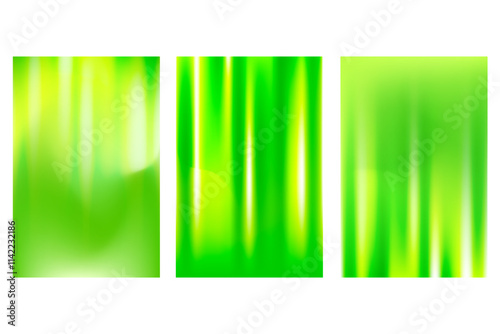 Abstract fresh green poster set with iridescent flare texture, blurred gradient background with glowing light. Lime shade fluid poster with copy space. Great for eco, nature technology