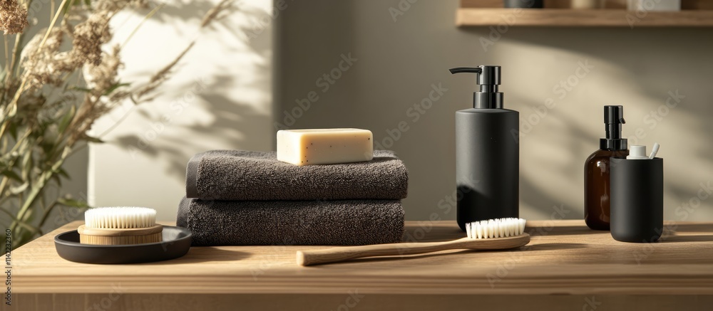 Spa essentials elegantly displayed on a wooden table with a soap dispenser towels and brushes creating a serene bathroom ambiance Spa essentials elegantly displayed on a wooden table with a soap dispenser towels and brushes creating a serene bathroom ambiance