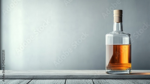 A clear bottle of amber whiskey rests on a rustic wooden table, with a plain muted background, emitting elegance and simplicity in a minimalist setting. photo