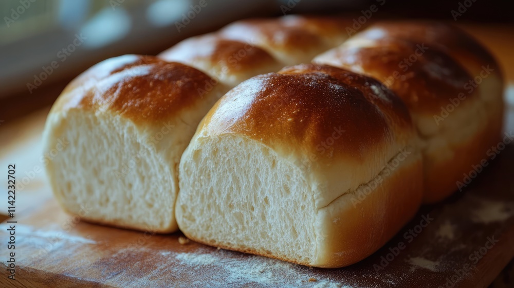 Freshly baked soft white bread loaf on a wooden board with flour, ideal for culinary or bakery themed visuals. Freshly baked soft white bread loaf on a wooden board with flour, ideal for culinary or bakery themed visuals.