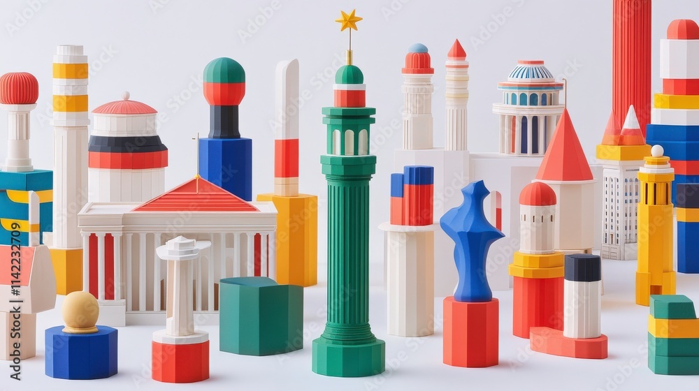 Fototapeta premium Colorful Geometric Shapes Representing Diverse Architectural Styles in a Playful Composition for Creative and Educational Purposes