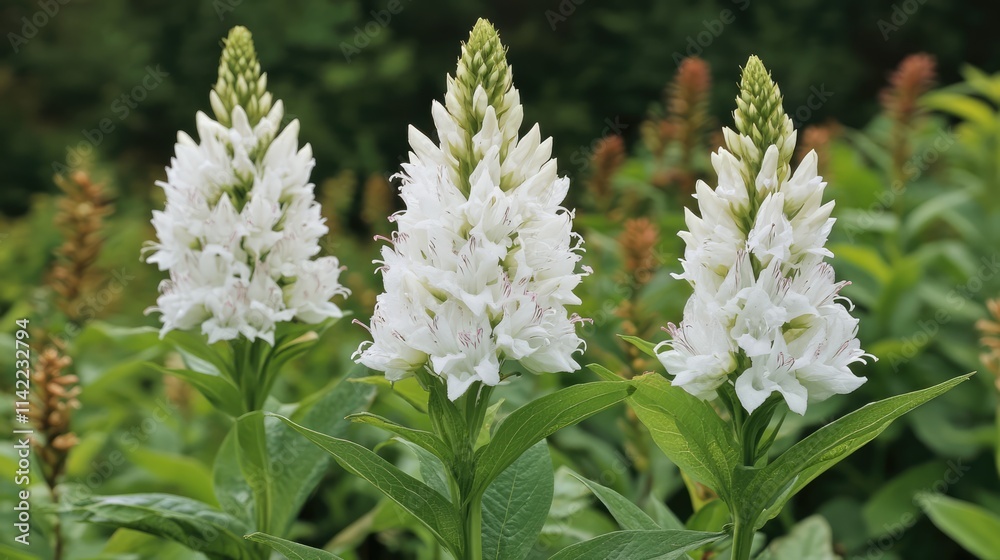 Elegant white blooms of gooseneck loosestrife showcasing vibrant floral stalks in natural garden setting. Elegant white blooms of gooseneck loosestrife showcasing vibrant floral stalks in natural garden setting.