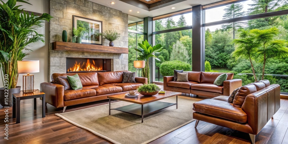 Leather sofa, greenery, and a modern fireplace create a warm and inviting living room atmosphere. Leather sofa, greenery, and a modern fireplace create a warm and inviting living room atmosphere.