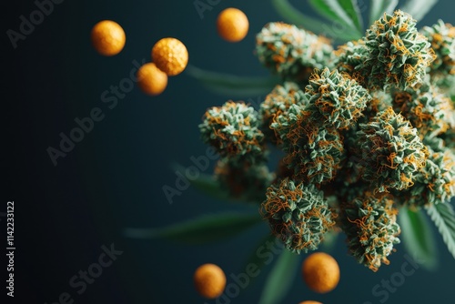 A close-up of vibrant cannabis buds surrounded by small golden spheres, showcasing rich textures and colors against a dark background.