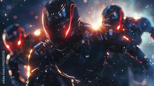 A group of extraterrestrial beings in high-tech black armor with glowing red accents, emerging from a cosmic portal, showcasing futuristic alien technology and intergalactic travel. photo