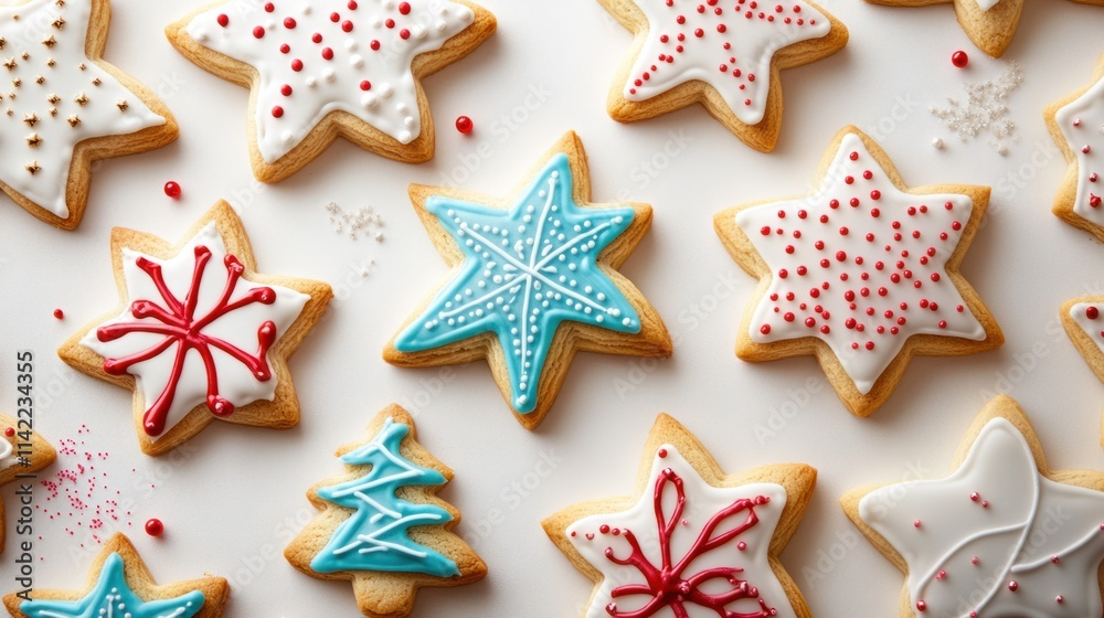 A festive assortment of sugar cookies in star and tree shapes with intricate icing patterns and sprinkles, on a clean white background A festive assortment of sugar cookies in star and tree shapes with intricate icing patterns and sprinkles, on a clean white background