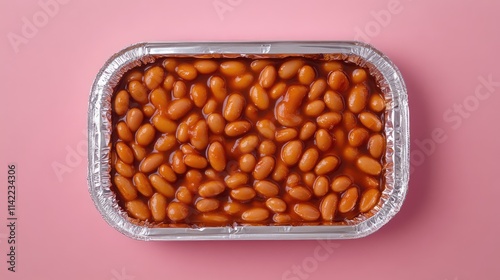 baked beans in aluminum tray on pink background ready for serving or cooking in the kitchen food photography stock image photo