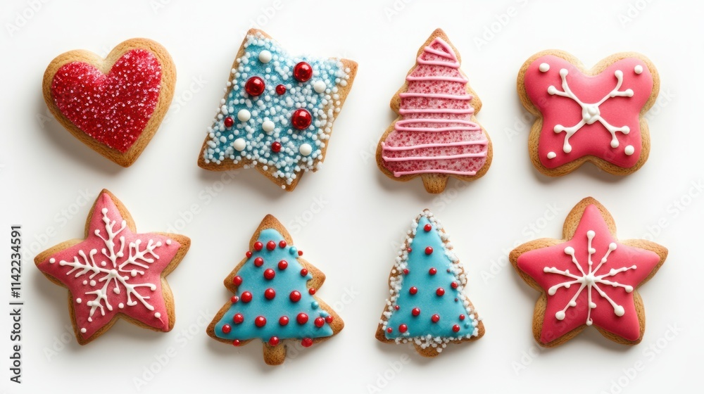 A festive collection of Christmas cookies shaped as stars, trees, and hearts with colorful sugar decorations, isolated on white