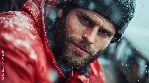 A rugged individual in a red raincoat stares ahead with resolve as snow and wind fiercely envelop him, portraying a scene of tenacity and endurance. photo