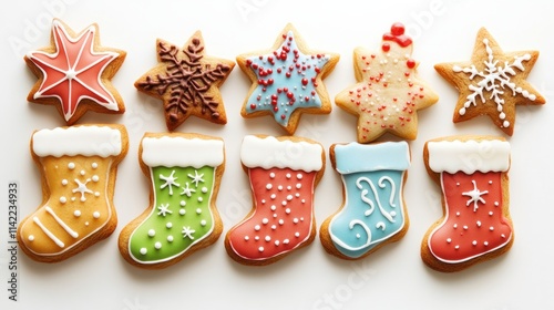 A festive set of cookies in shapes like stars, stockings, and reindeer, decorated with colorful frosting, isolated on white