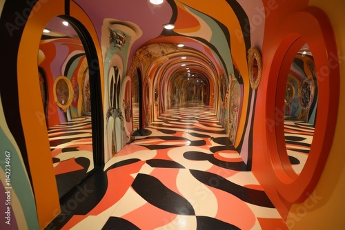 Abstract hallway, curving walls, colorful floor, mirrored reflections.