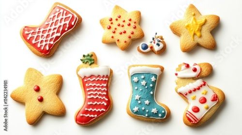 A festive set of cookies in shapes like stars, stockings, and reindeer, decorated with colorful frosting, isolated on white