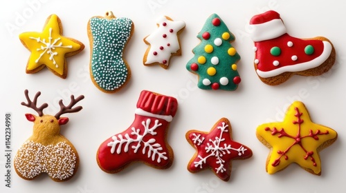 A festive set of cookies in shapes like stars, stockings, and reindeer, decorated with colorful frosting, isolated on white