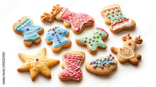 A festive set of cookies in shapes like stars, stockings, and reindeer, decorated with colorful frosting, isolated on white