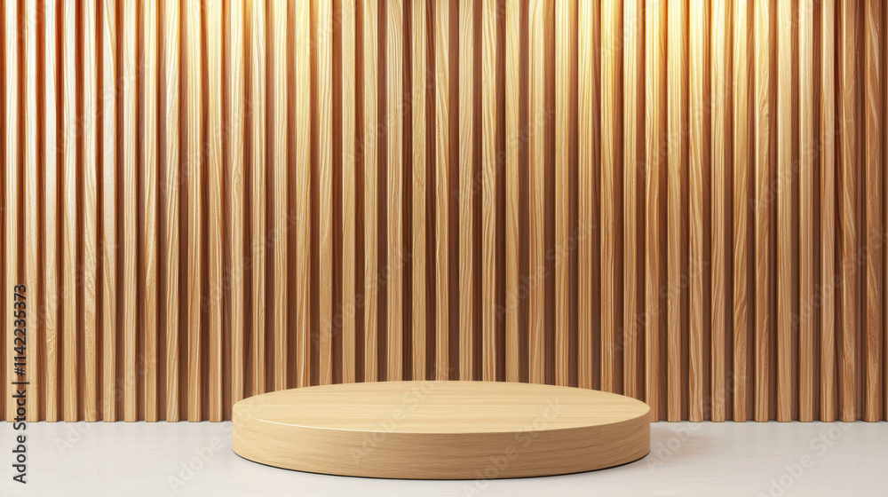 Minimalist blank podium against warm wooden wall, perfect for displays Minimalist blank podium against warm wooden wall, perfect for displays