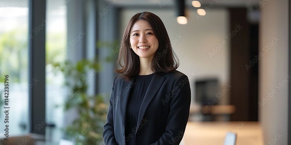 A Japanese female manager standing confidently in an office, ready to lead a team meeting, smiling