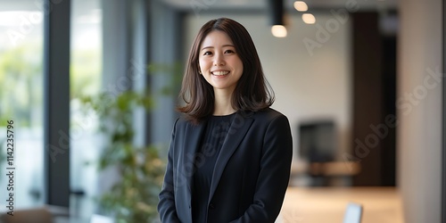 Obraz na płótnie A Japanese female manager standing confidently in an office, ready to lead a team meeting, smiling w salonie